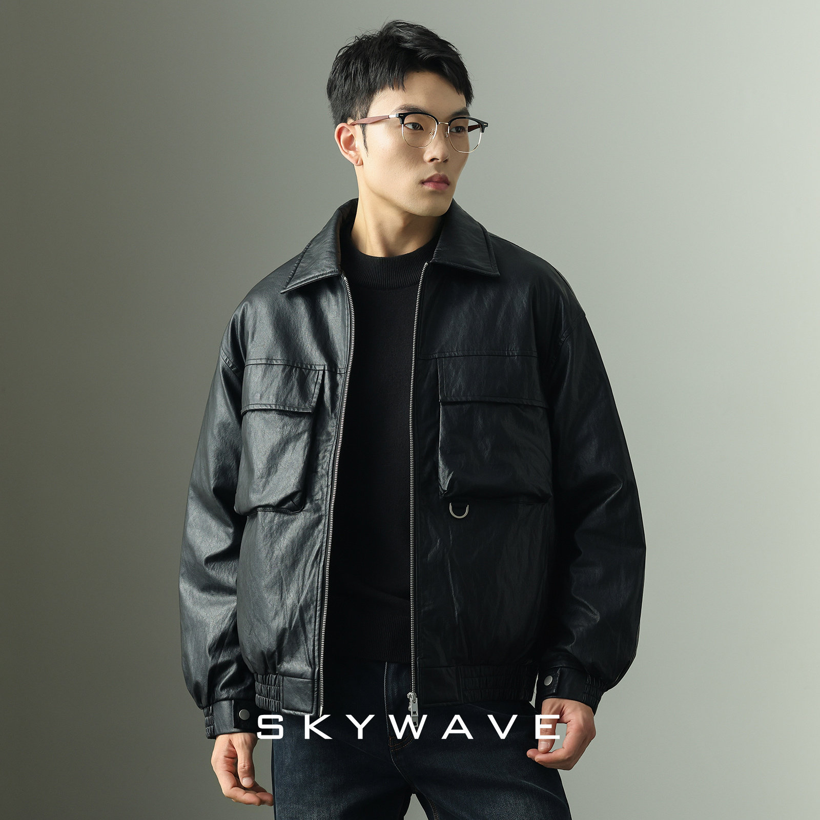 高品质黑色时尚pu皮衣羽绒服男