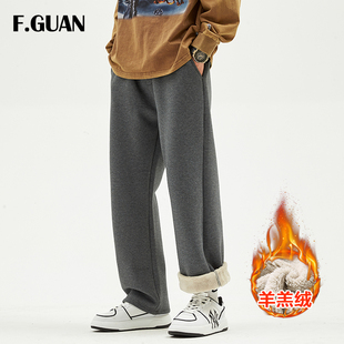 男加厚运动长裤 加绒直筒裤 冬季 保暖羊羔绒宽松纯色休闲裤 清仓