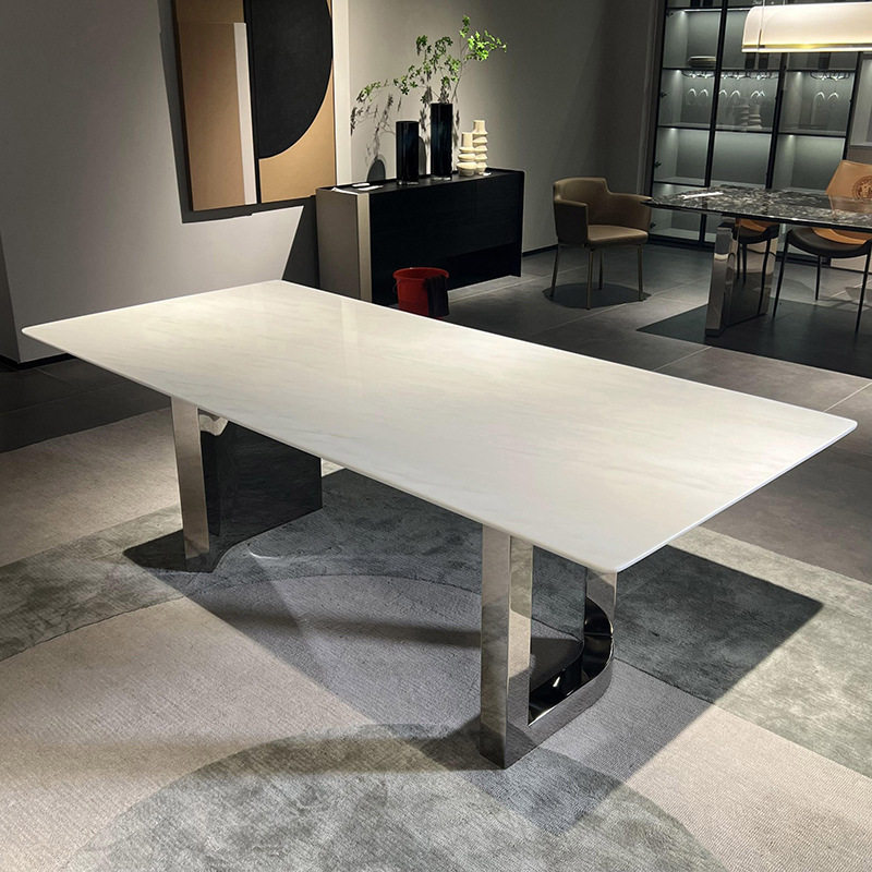 卡里冰玉大理石餐桌椅子天然奢石轻奢极简白色长方形桌子家用饭桌