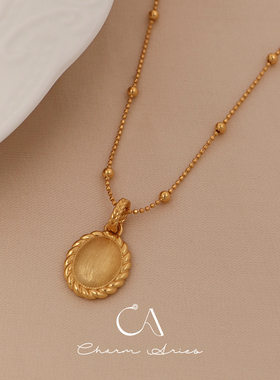 s925银中古椭圆花边圆牌项链金色