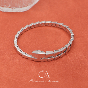 经典版本灵蛇亮面无钻白金手镯s925纯银镀金轻奢时尚欧美软骨手环