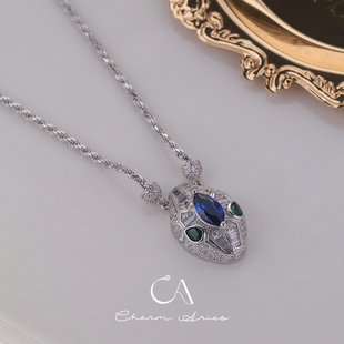 满钻蓝宝石绿眼灵蛇项链S925纯银厚镀白金小众欧美时尚轻奢锁骨链