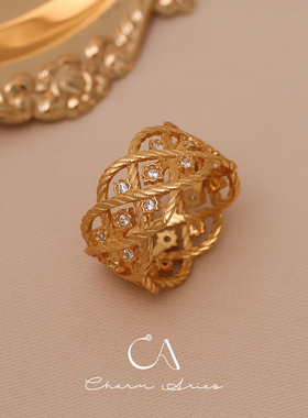 s925银中古镂空条纹金色宽版戒指