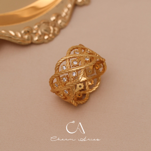 中古款 戒指S925纯银镀金小众高级优雅气质食指环 镂空条纹金色宽版