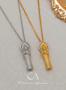 s925纯银国风金筒满钻观音项链