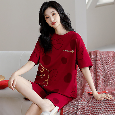 2025年新款睡衣女夏季纯棉短袖短裤蛇年本命年红色喜庆家居服套装