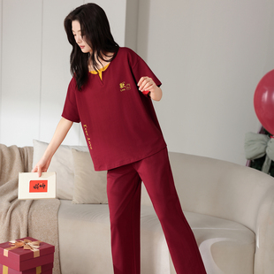 马年红色睡衣女春夏季纯棉短袖长裤新婚喜庆本命年家居服薄款套装