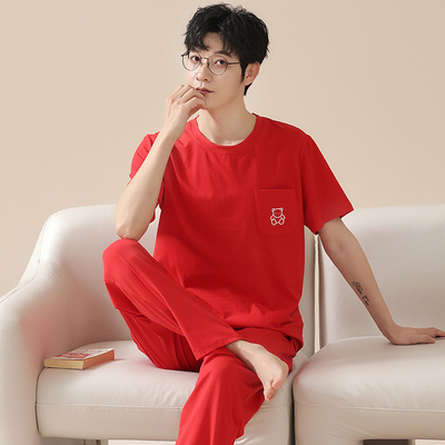 蛇年本命年大红色半袖睡衣男士春夏季纯棉薄款短袖长裤家居服套装