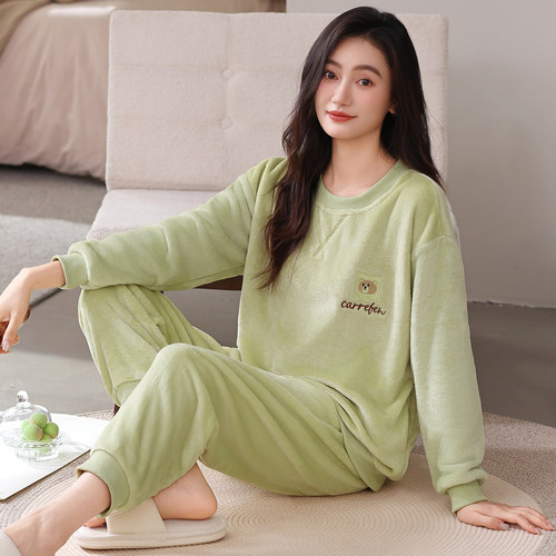 珊瑚绒睡衣女秋冬款加绒加厚保暖长袖可外穿法兰绒家居服休闲套装