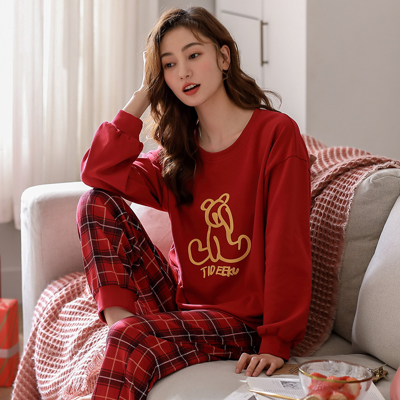 睡衣女春秋季纯棉长袖大红喜庆