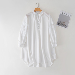 女装 设计亮点衬衫 白色大衬衫 蕾丝贴片式 裙 半开襟中长款 日单大码