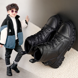男童马丁靴2023秋冬季新款儿童靴子加绒雪地靴真皮棉鞋大男孩短靴