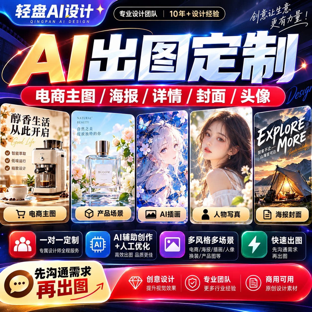 AI出图定制电商主图详情页海报人物头像插画设计淘宝店铺装修