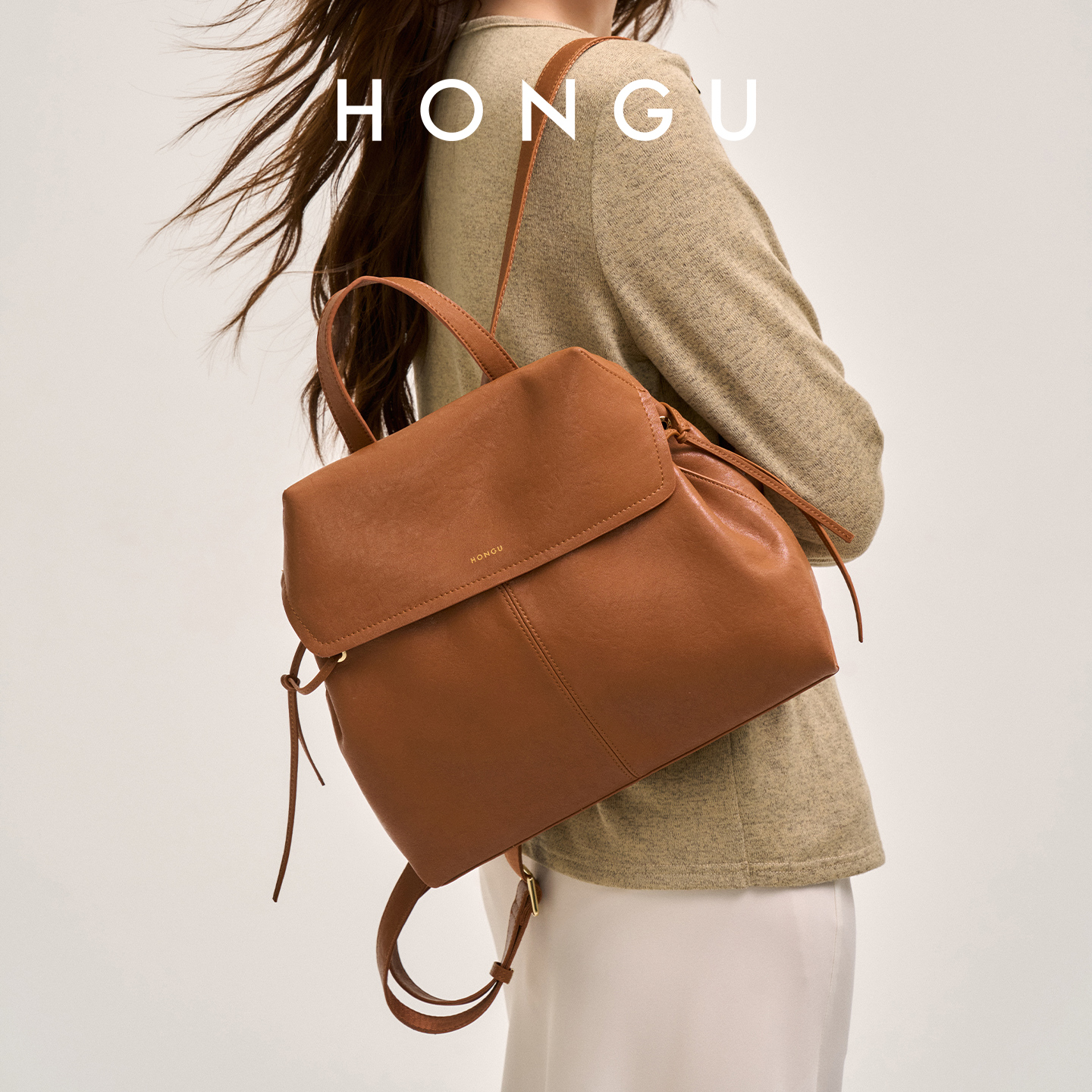 红谷植鞣皮双肩包女大容量通勤真皮背包棕色翻盖书包时尚H5197170