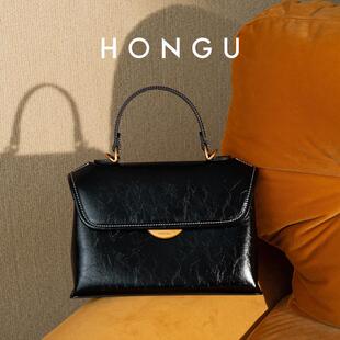 红谷女包2024秋冬新款 学院风手拎单肩包质感牛皮通勤包包6041 美式