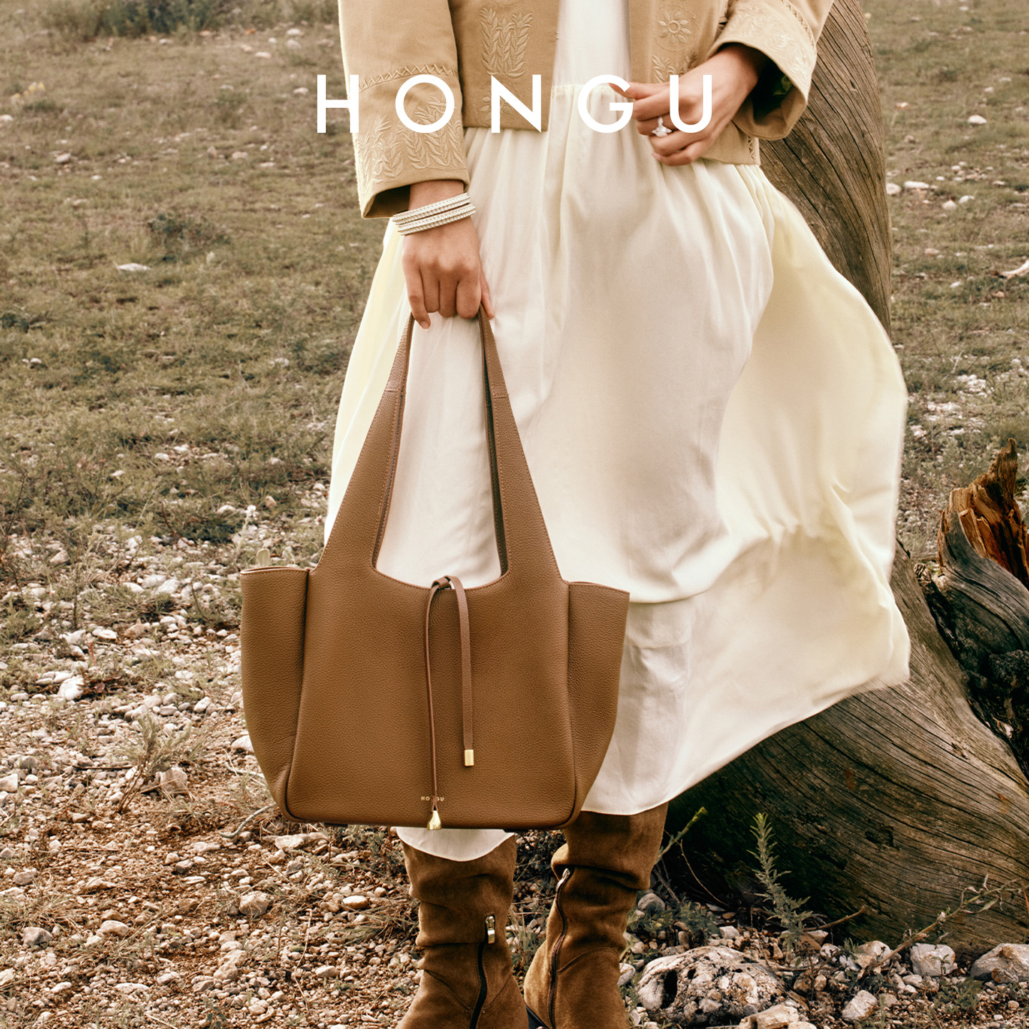HONGU菜篮子水桶包女头层牛皮手提包高级感托特包单肩包H5157118