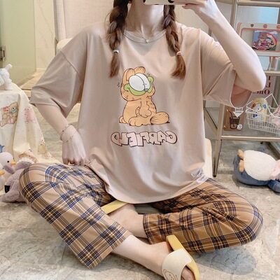 外贸春秋新款韩版卡通睡衣女短袖长裤少女士可外穿家居服套装