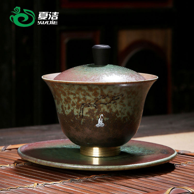 夏洁古风盖碗绿色禅意手绘花鸟图案陶瓷功夫茶具泡茶器家用高端,餐饮具,盖碗,淘宝优惠券,粉丝福利购,淘宝优惠卷