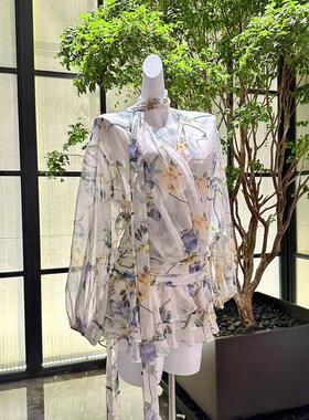 2026年夏季新款奶油风印花连衣裙女灯笼袖系带荷叶边田园风长裙