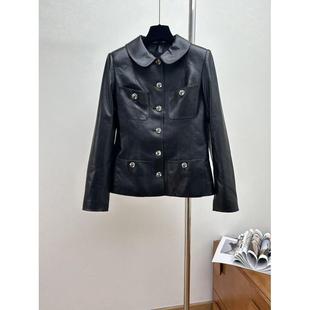 百搭收腰夹克休闲风长袖 复古风黑色皮衣女短款 翻领双排扣外套时尚