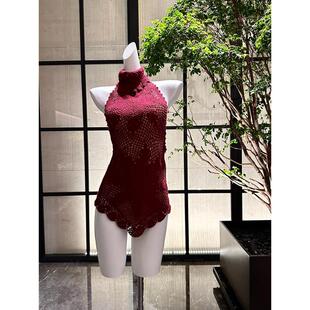 深红色连身裤 通勤风高领镂空蕾丝连体衣女高腰短裤 新款 2026年夏季