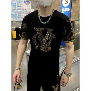 欧洲站2026夏季男士大码短袖烫钻套装潮牌潮流帅气休闲两件套男装
