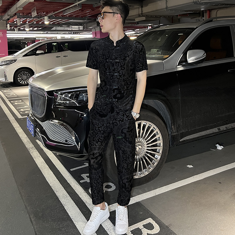 2026夏季男士冰丝暗花盘扣套装男黑色唐装长裤两件套休闲短袖男装