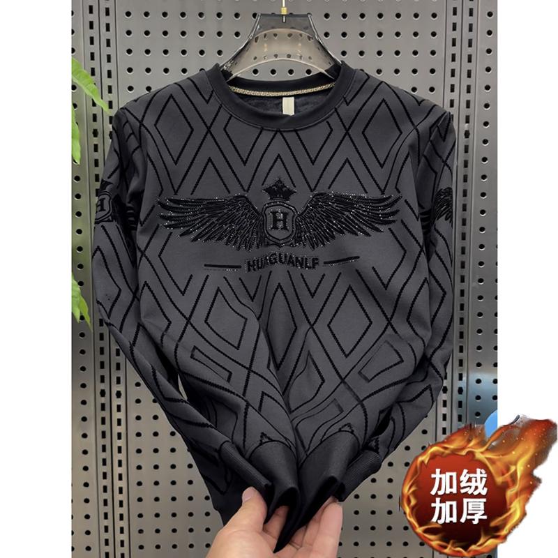 冬季植绒印花长袖T恤衫男士保暖加绒帅气潮流百搭套头圆领卫衣