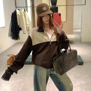 美拉德巧克力色系拼接外套女翻领拉链夹克休闲慵懒风短外套