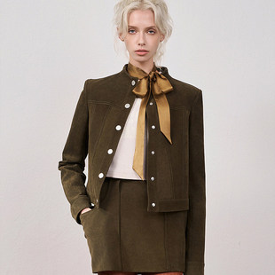 25冬季新复古工装立领苔藓绿绒面羊皮革皮衣外套