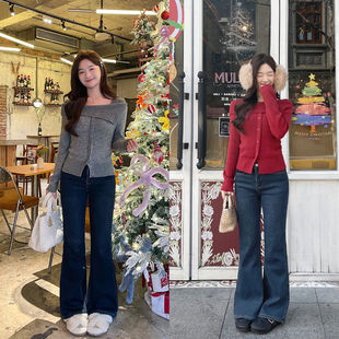 TAKIYAS SHOP 一字领针织衫/微喇牛仔裤