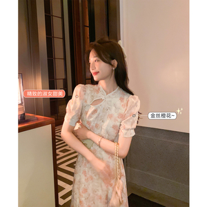 TAKIYA复古国风碎花改良旗袍连衣裙女夏季设计感小众气质收腰长裙