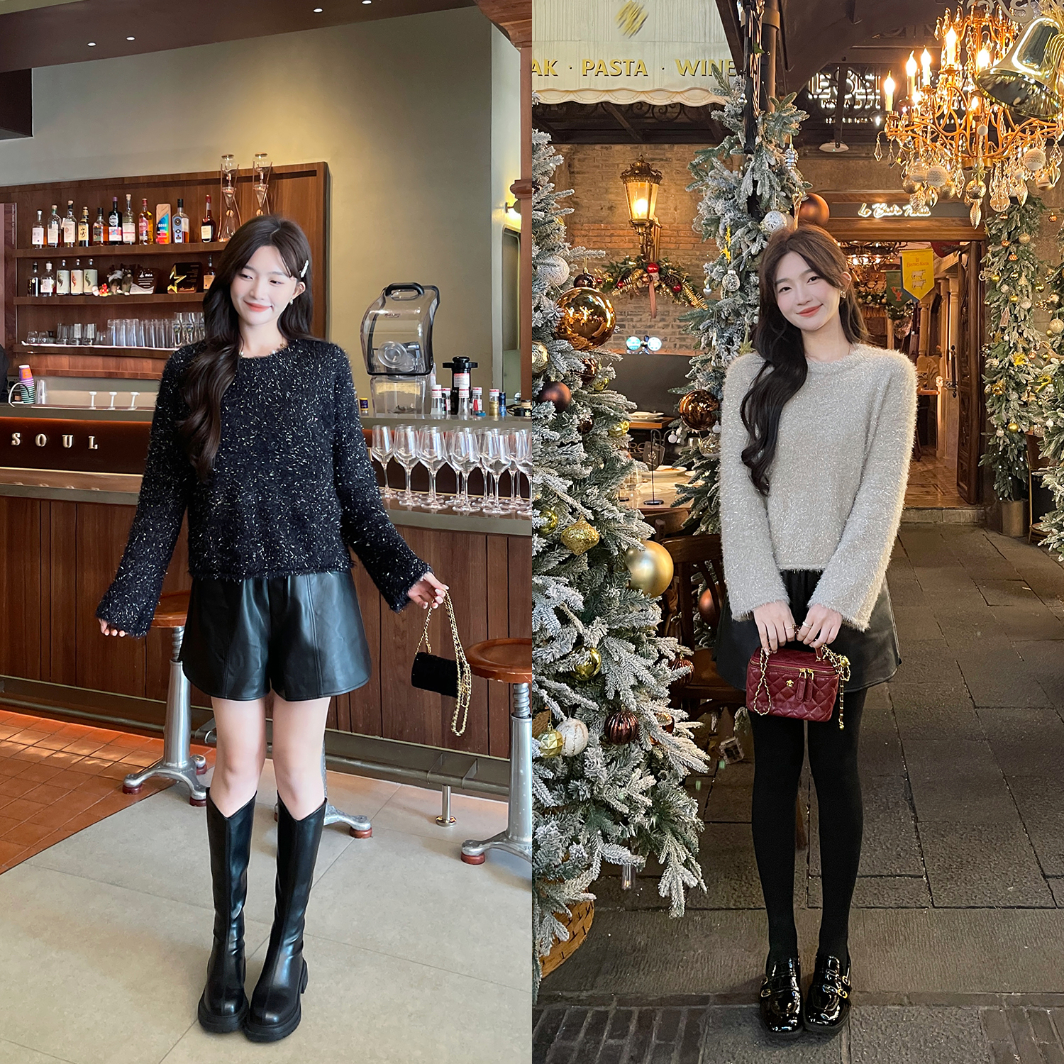 TAKIYAS SHOP 亮丝毛衣/pu短裤/九分裤