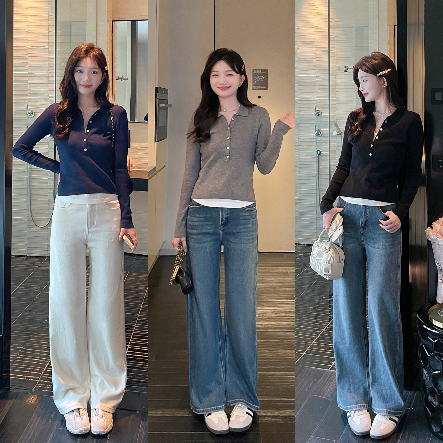 TAKIYAS SHOP 假两件polo针织衫/牛仔裤