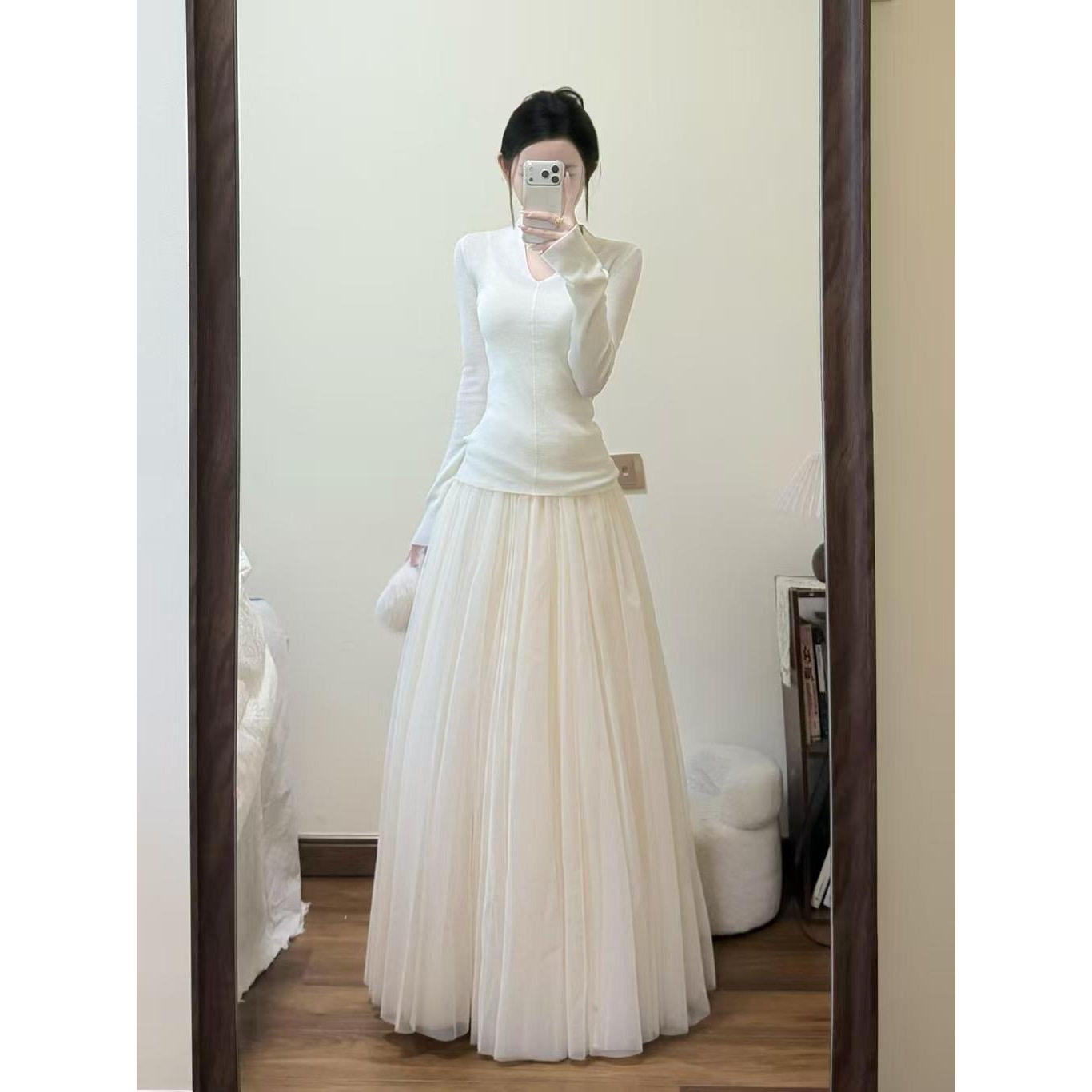 2026新款春秋白色a字纱裙高腰中长款网纱半身裙女超仙伞裙垂感