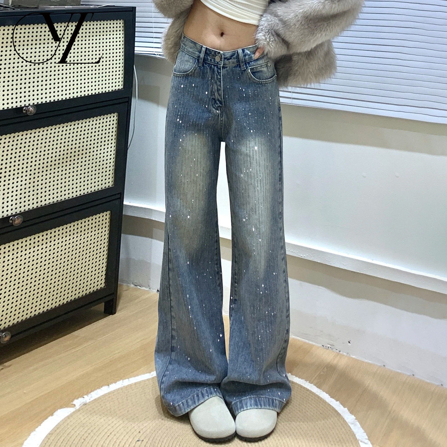 复古蓝细烫钻阔腿牛仔裤女2026早春新款宽松垂感显瘦爆闪拖地裤子