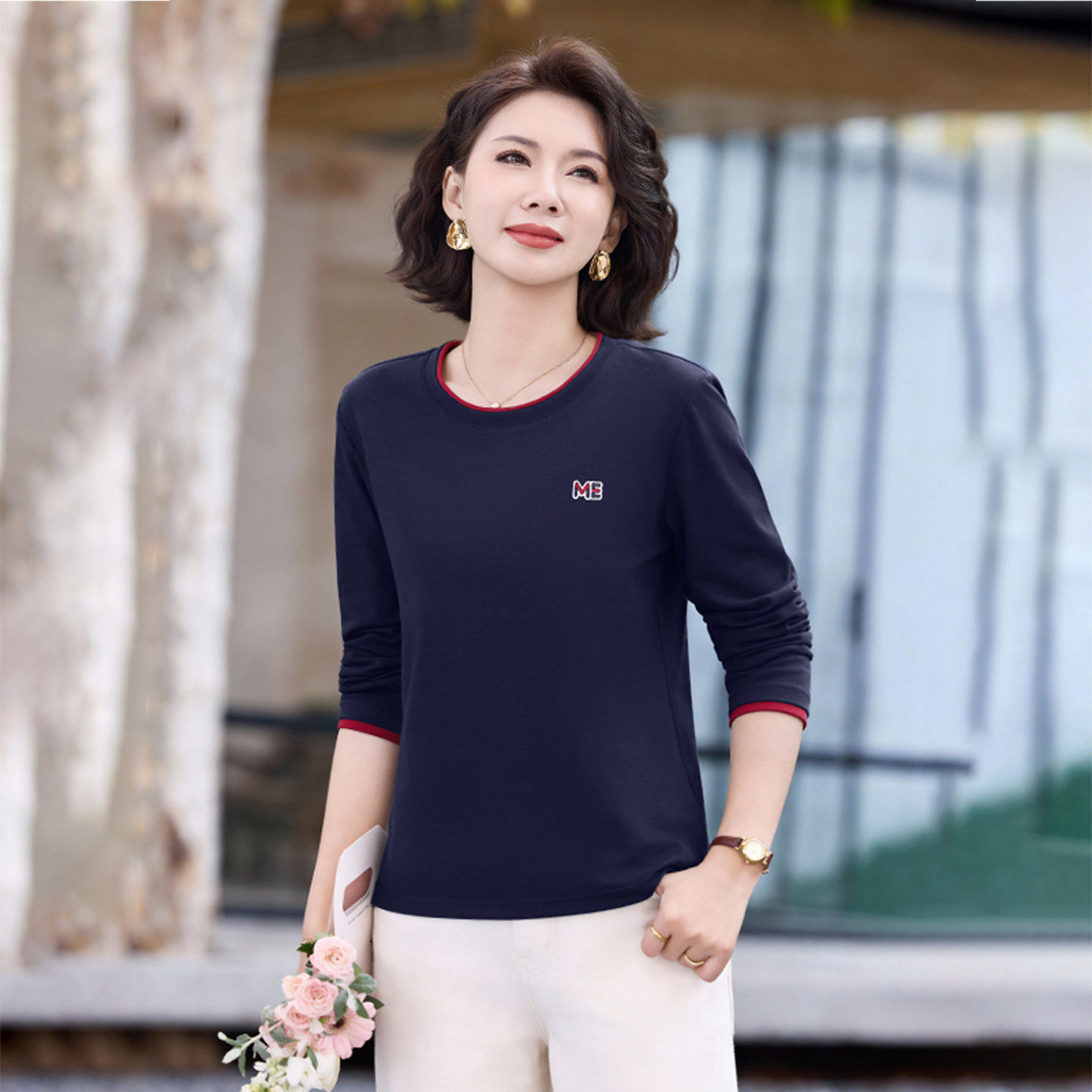 早春圆领长袖t恤女士2026春季新款女装打底衫洋气减龄假两件上衣