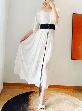 配腰封真丝重工刺绣女宽松高腰连衣裙白色度假长裙子S51Z44