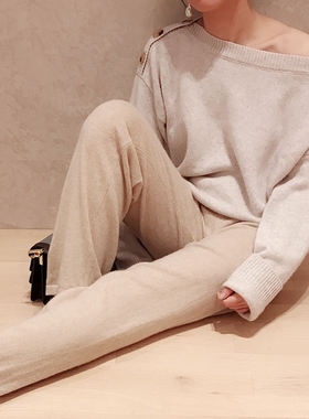 2穿~一字领露肩纽扣 羊绒女上衣毛衣针织衫黑色套头H49Z12