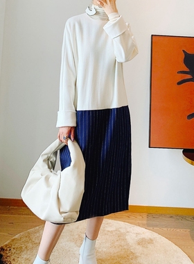 羊毛呢白色设计师风宽松 拼色条纹长裙子女袍子连衣裙S49Z12