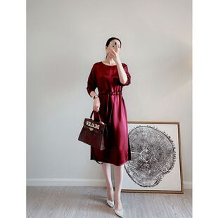 三醋酸缎面流行气质宽松系带高贵连衣裙中长款显瘦女夏S05Z97