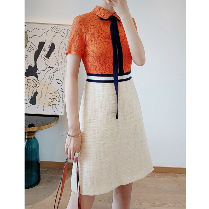 镂空蕾丝撞色蝴蝶结飘带打底