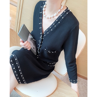 两件套装不拆~知性珍珠银线针织上衣开衫半裙洋气女小香H4124