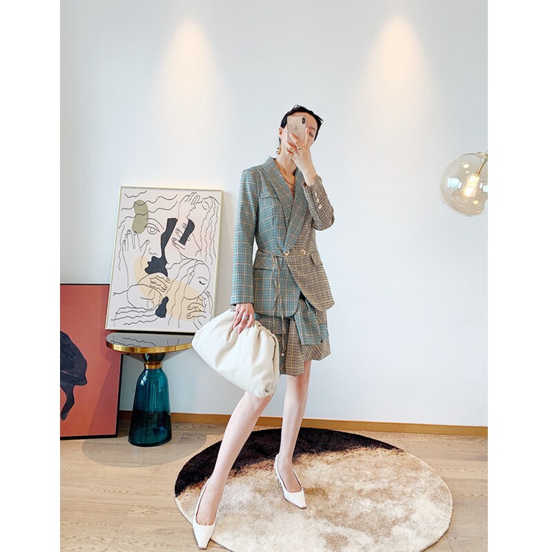 撞色格子外套上衣西装短裙a字半裙半身裙两件套装S31Z25