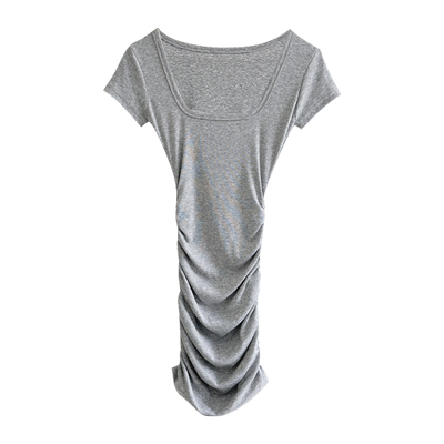 方口领褶皱短袖韩版连衣裙