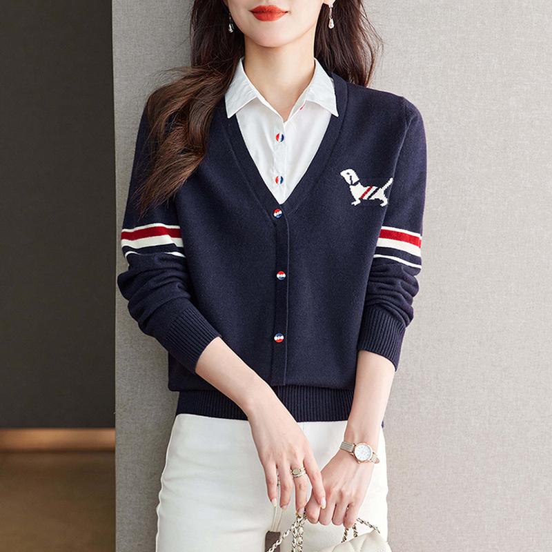 假两件拼接衬衫领上衣女春装2025年新款长袖针织衫洋气超好看女装