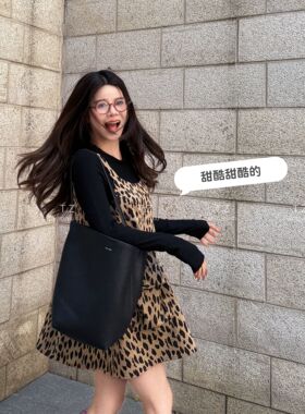 【婷子定制】150小个子改版春款复古减龄豹纹吊带背带连衣裙D3079