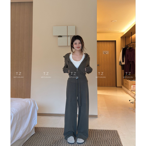 【婷子定制】150小个子改版春款美式抽绳连帽阔腿休闲两件套D3127