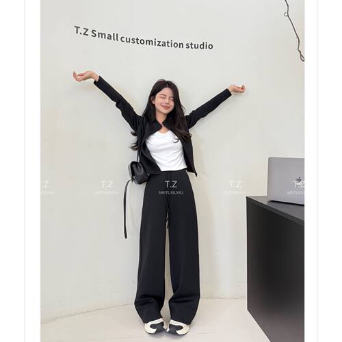 乐见~150小个子改版秋款显高显瘦假两件休闲立领外套+休闲裤E818