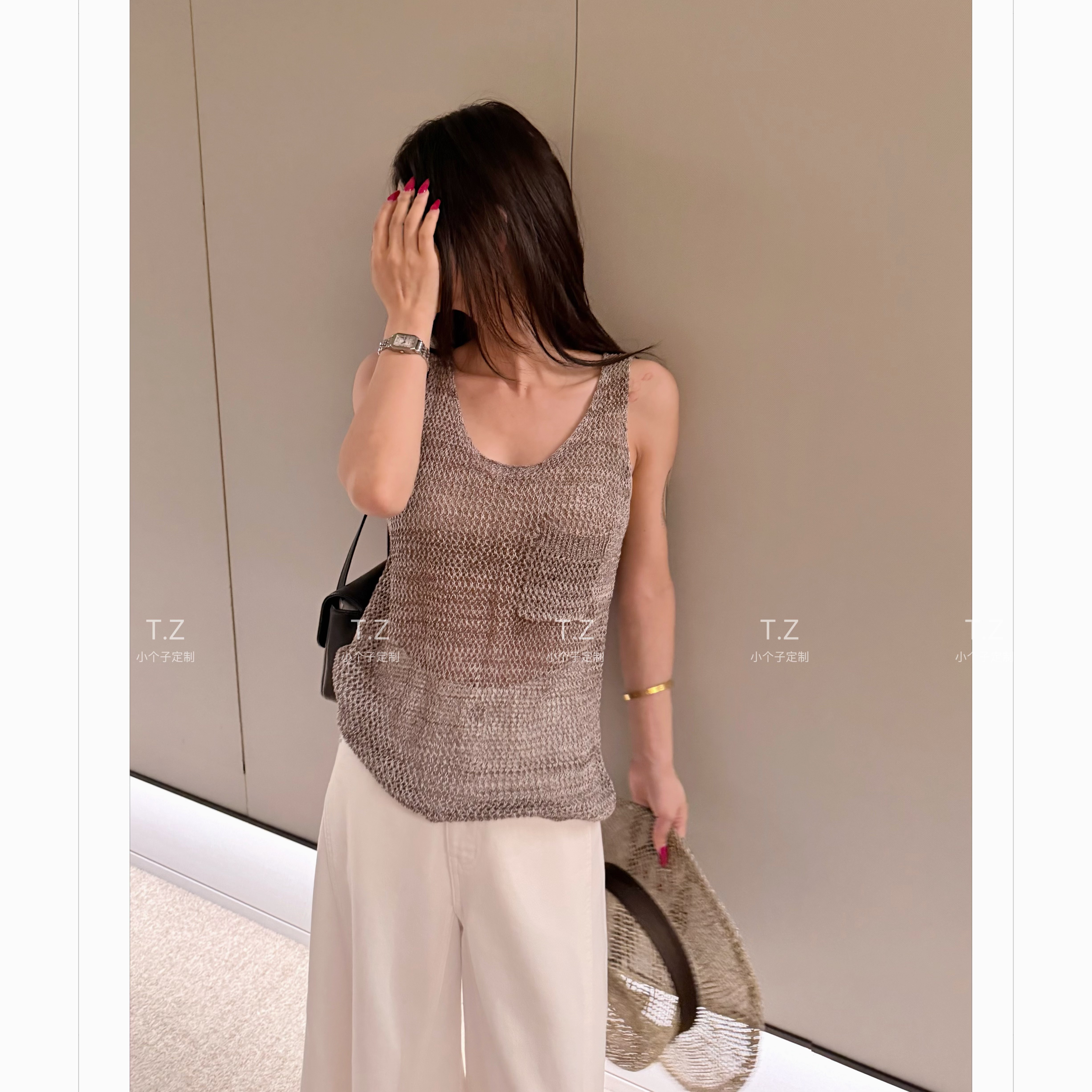 【婷子定制】~150小个子夏款老钱慵懒透气洞洞针织吊带背心26066